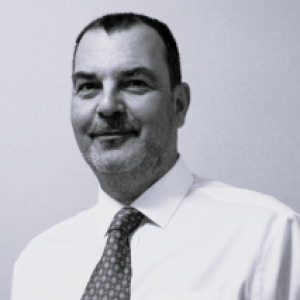 Head shot of Chris Shorrock in black and white