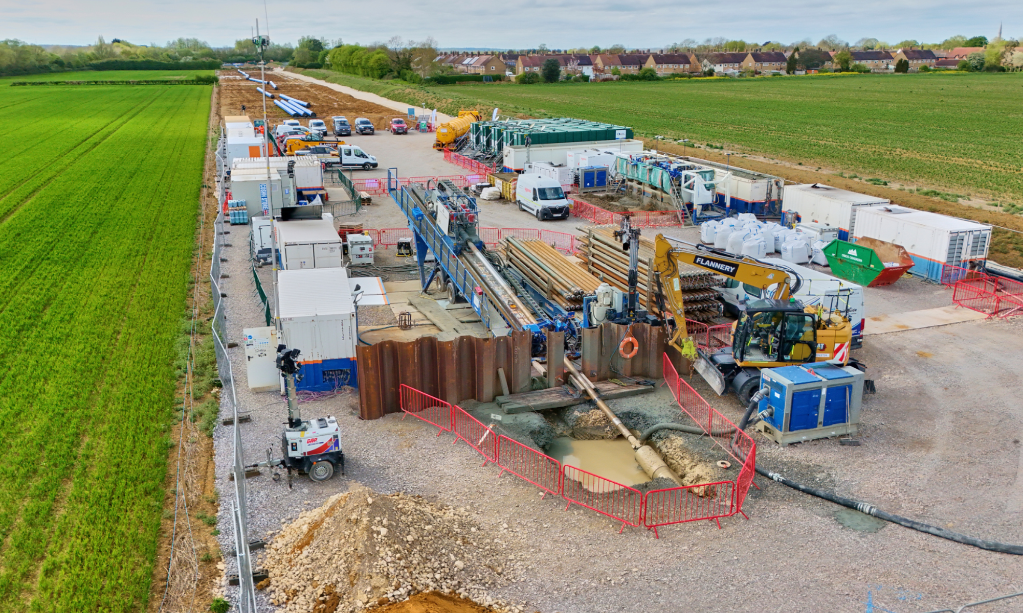 Aerial shot showing a horizontal directional drilling rig